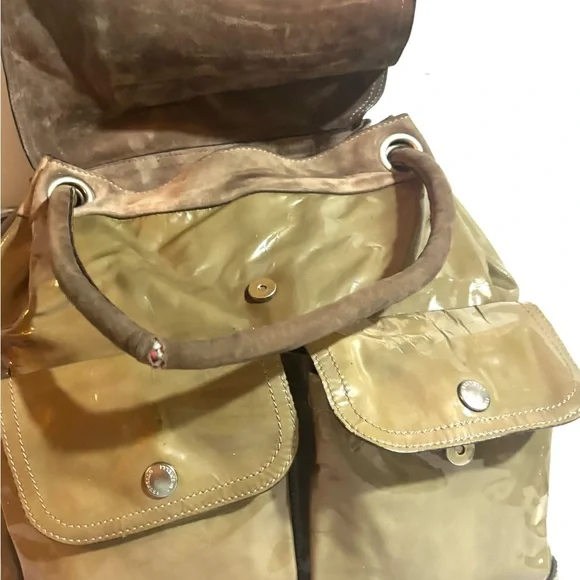 Brunello Cucinelli convertible taupe patent & suede backpack